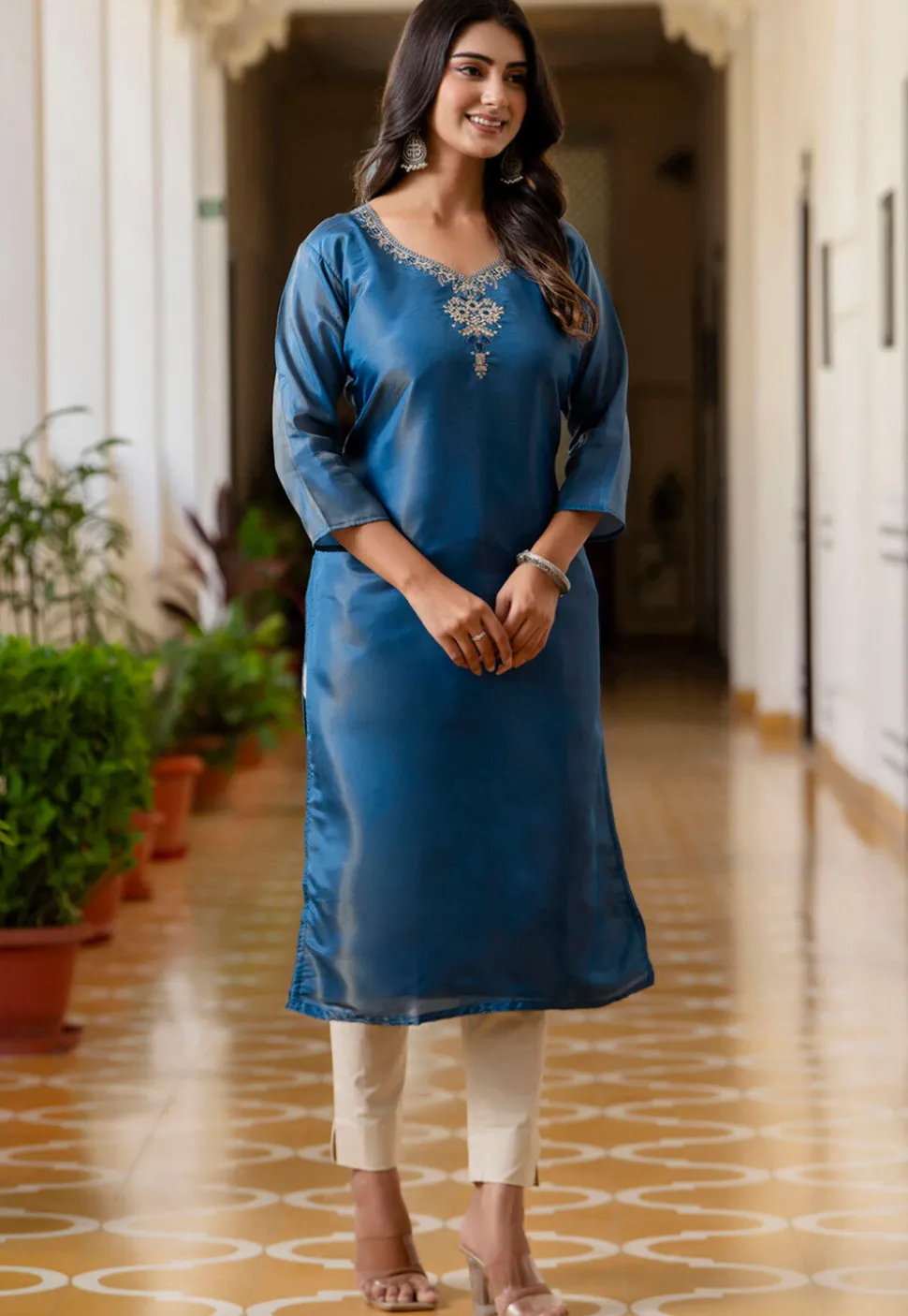 Embroidered Art Silk Straight Kurta in Teal Blue