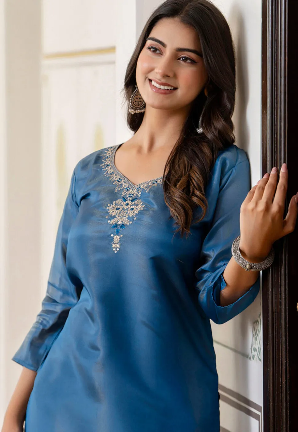 Embroidered Art Silk Straight Kurta in Teal Blue
