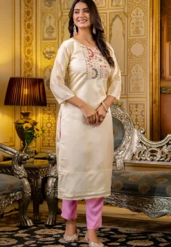 Embroidered Art Silk Straight Kurta in Cream
