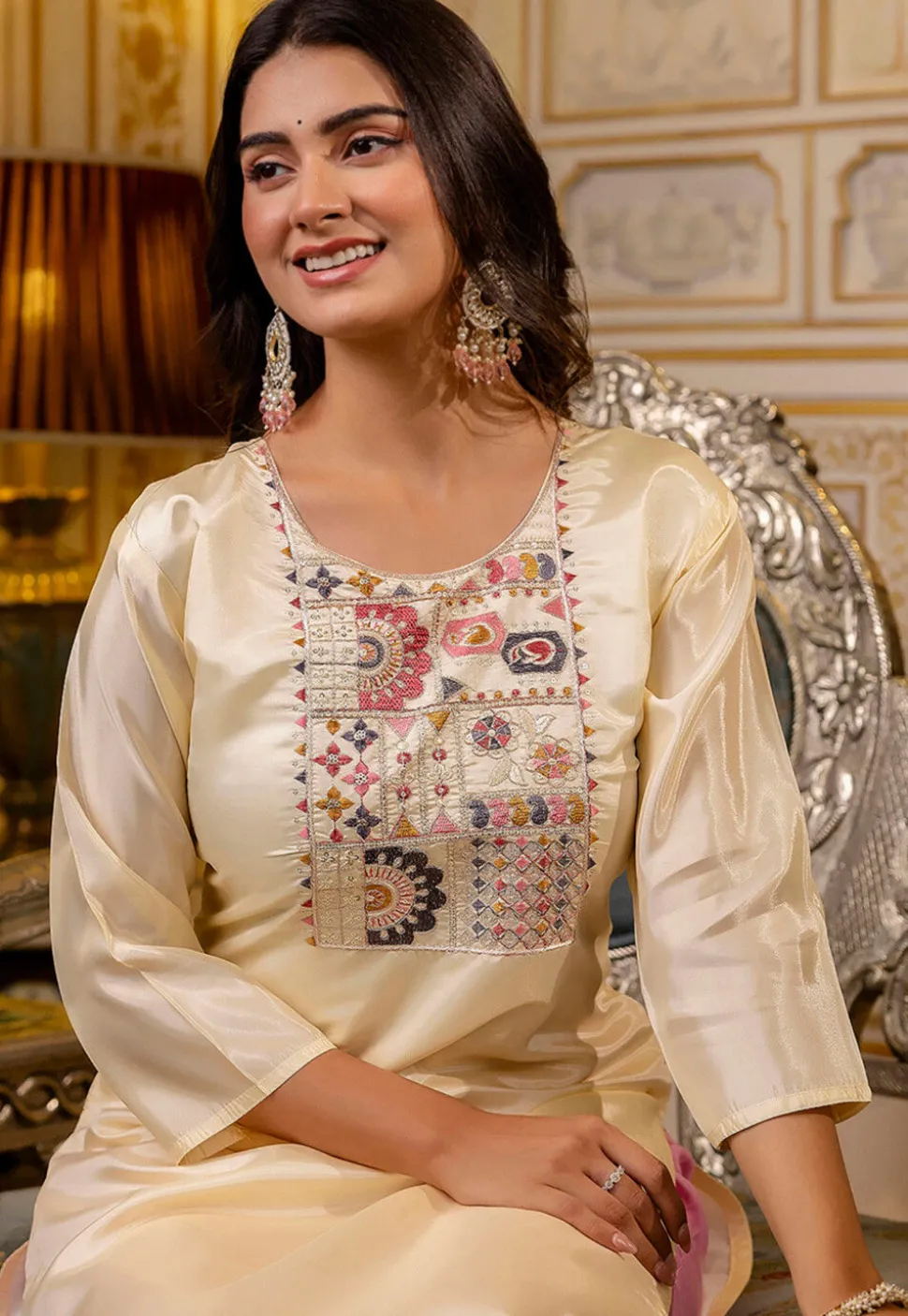 Embroidered Art Silk Straight Kurta in Cream