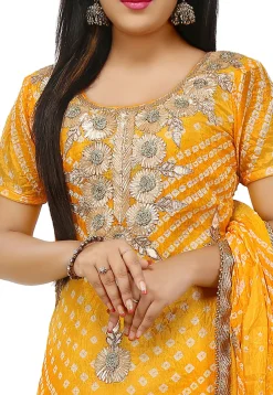 Embroidered Art Silk Straight Cut Suit in Mustard