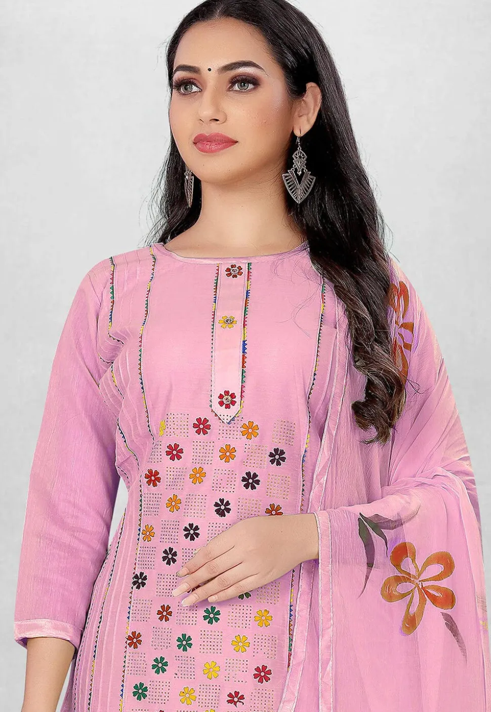 Embroidered Art Silk Straight Suit in Pink