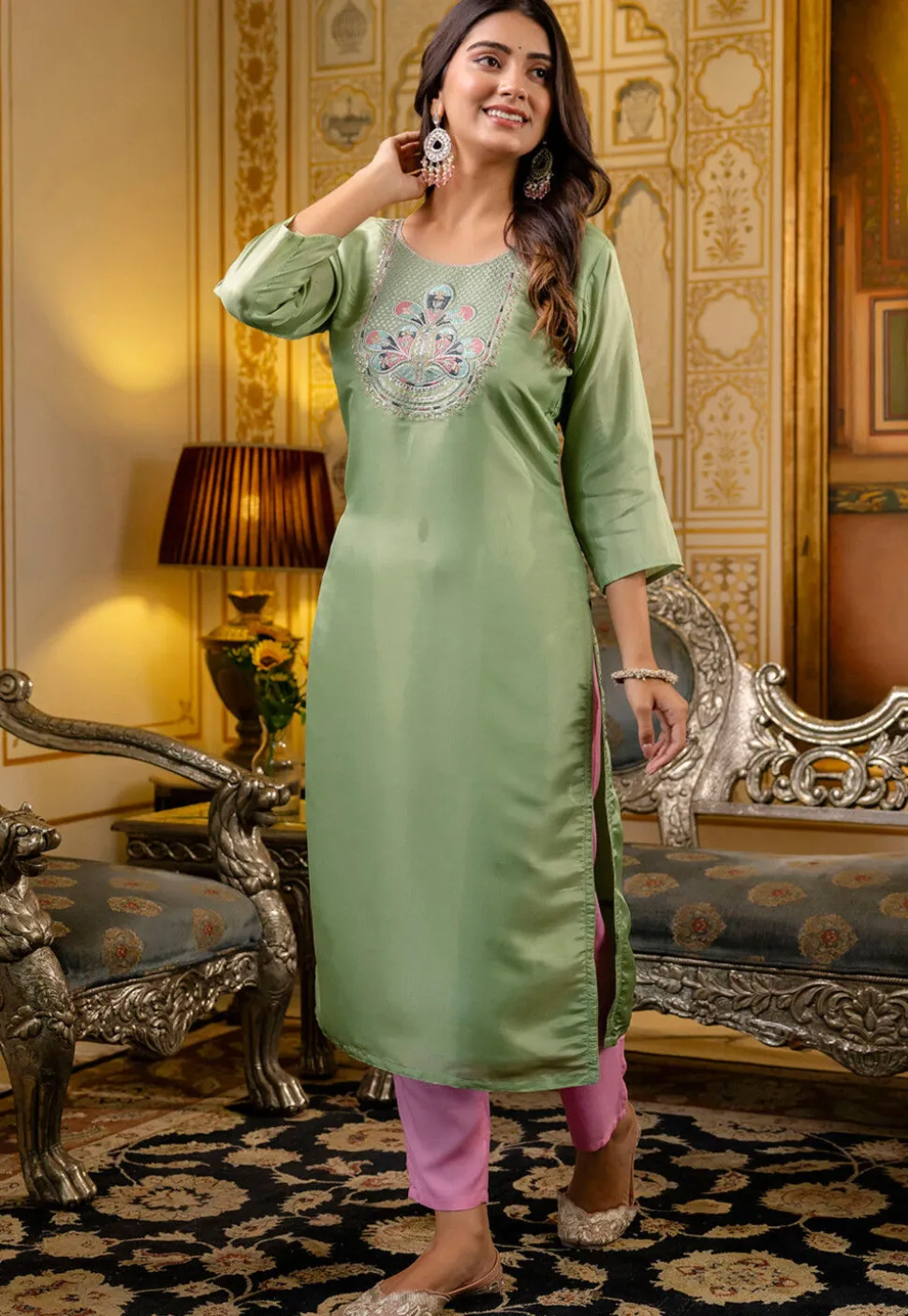 Embroidered Art Silk Straight Kurta in Light Green