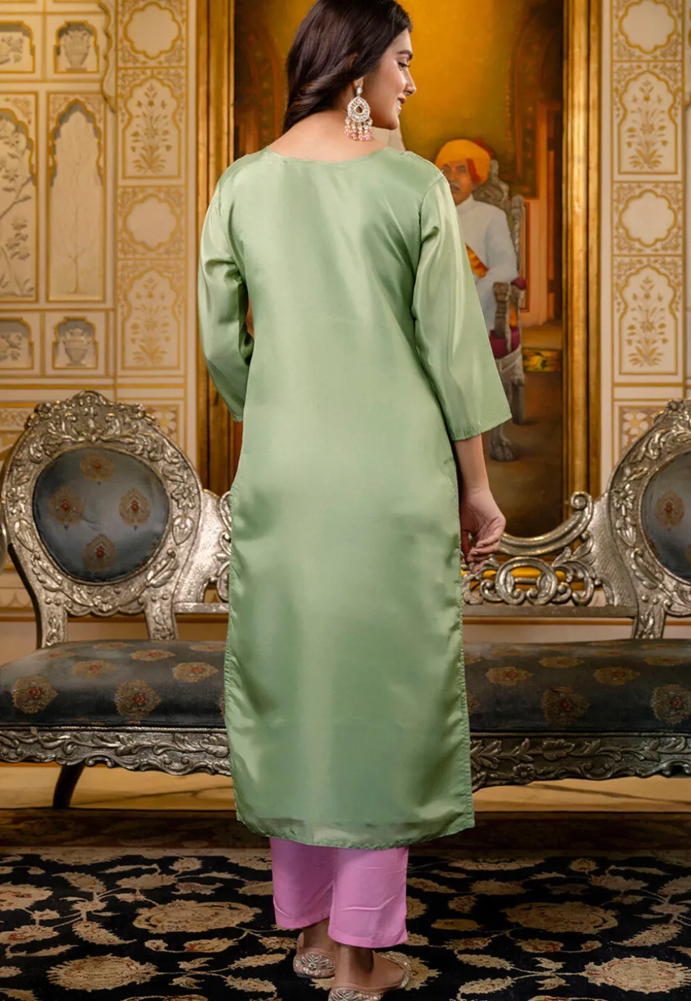 Embroidered Art Silk Straight Kurta in Light Green