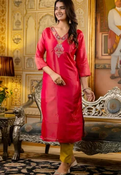 Embroidered Art Silk Straight Kurta in Red