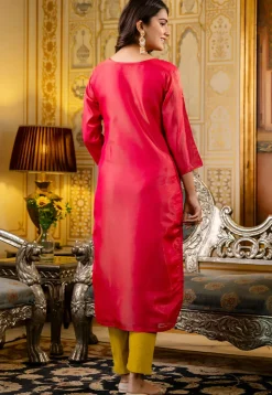 Embroidered Art Silk Straight Kurta in Red