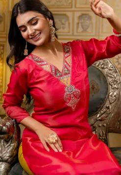 Embroidered Art Silk Straight Kurta in Red