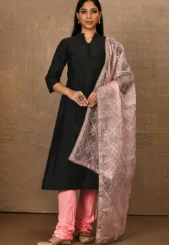 Embroidered Art Silk Straight Suit in ?Black