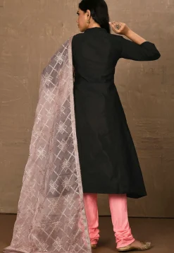 Embroidered Art Silk Straight Suit in ?Black
