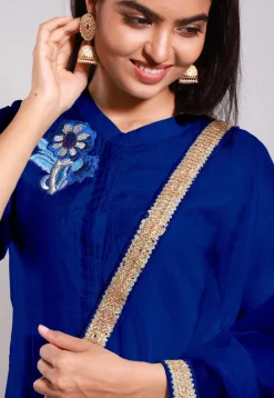 Embroidered Art Silk Straight Suit in Royal Blue