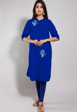 Embroidered Art Silk Straight Suit in Royal Blue