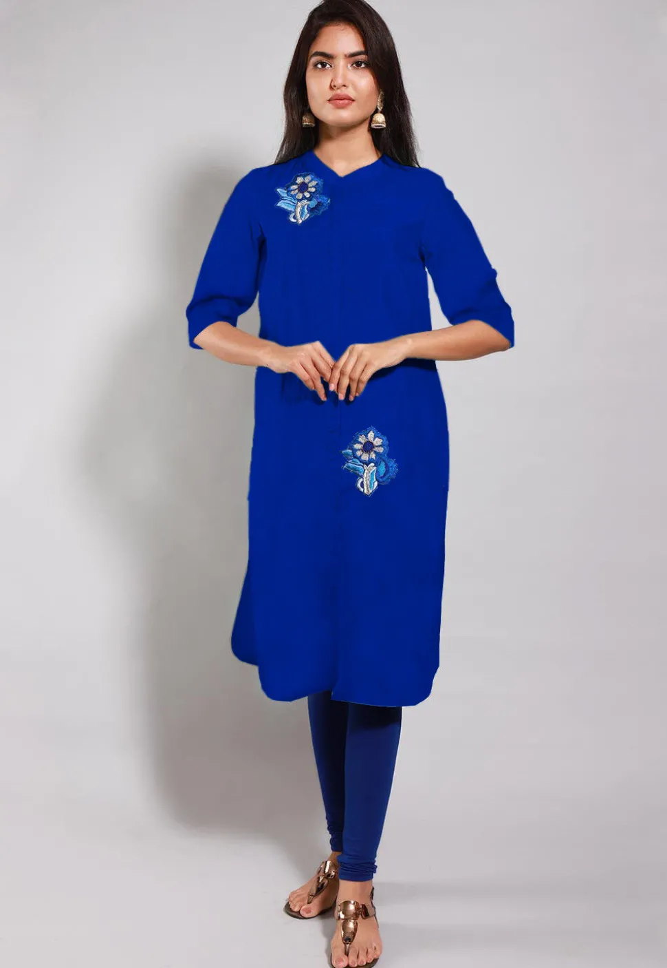 Embroidered Art Silk Straight Suit in Royal Blue