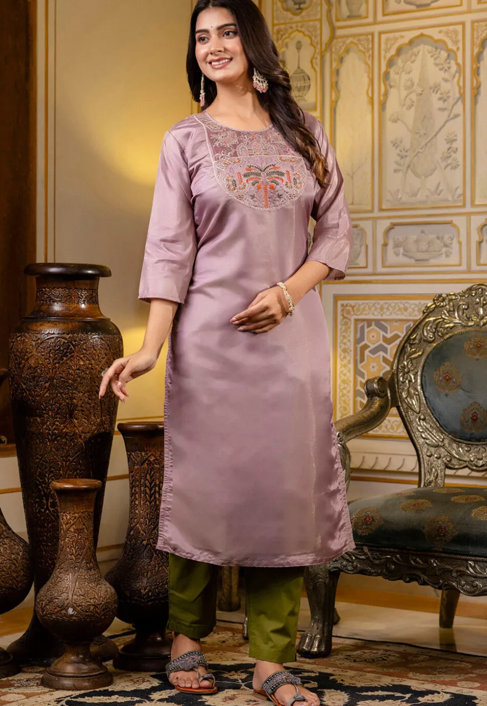 Embroidered Art Silk Straight Kurta in Light Purple