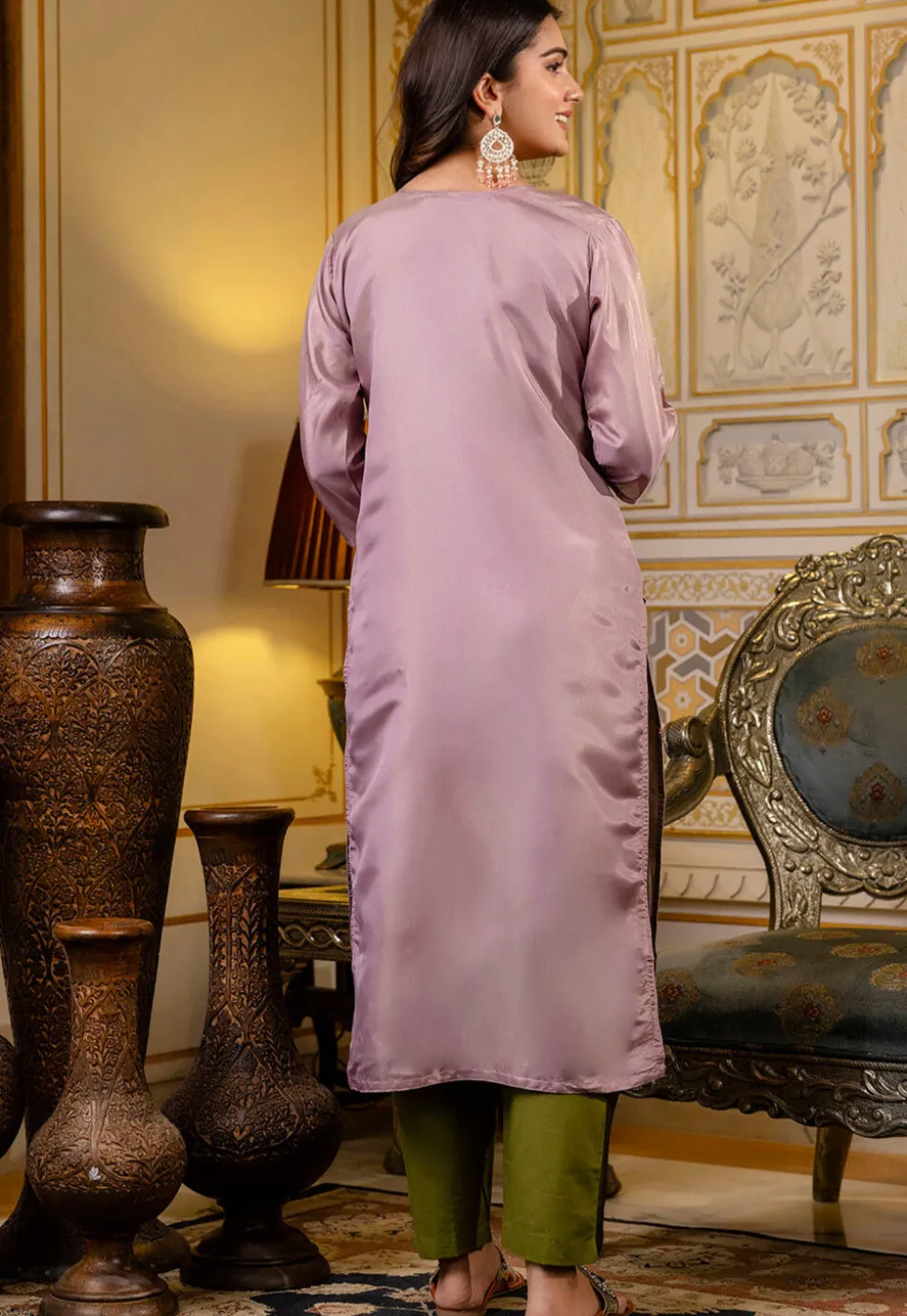 Embroidered Art Silk Straight Kurta in Light Purple