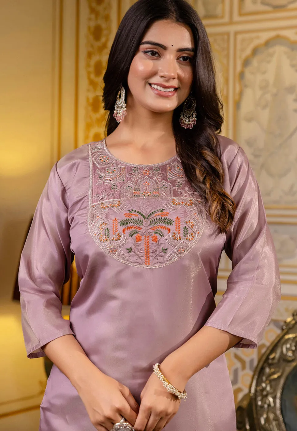 Embroidered Art Silk Straight Kurta in Light Purple