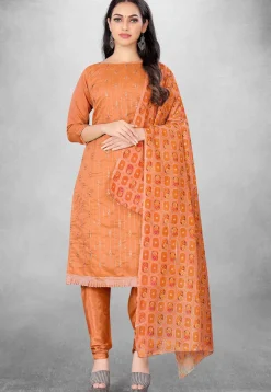 Embroidered Art Silk Straight Suit in Orange