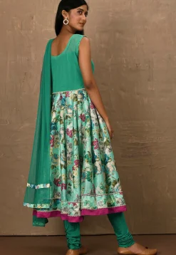 Embroidered Art Silk Straight Suit in Sea Green
