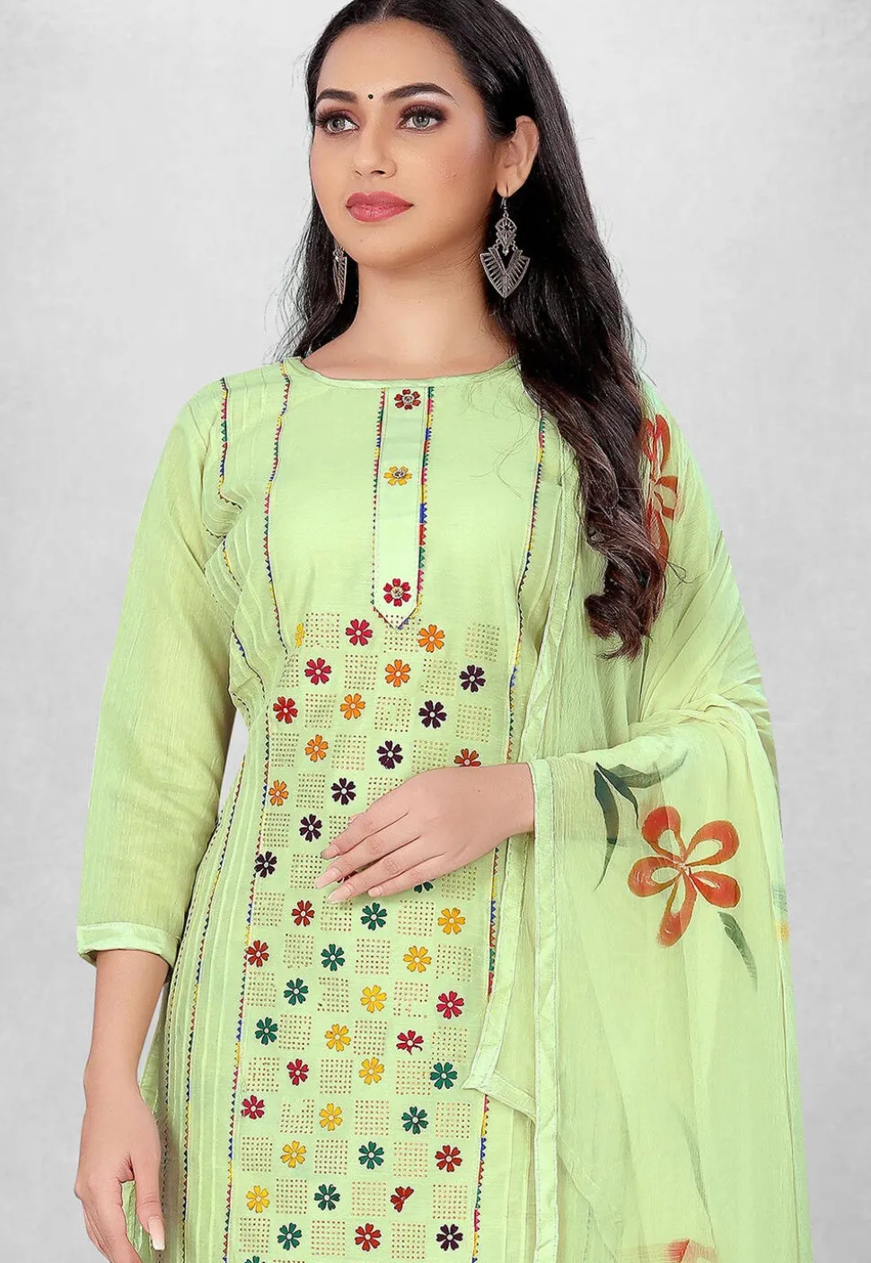 Embroidered Art Silk Straight Suit in Light Sea Green