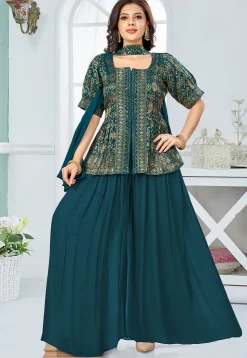 Embroidered Art Silk Top Set in Teal Green