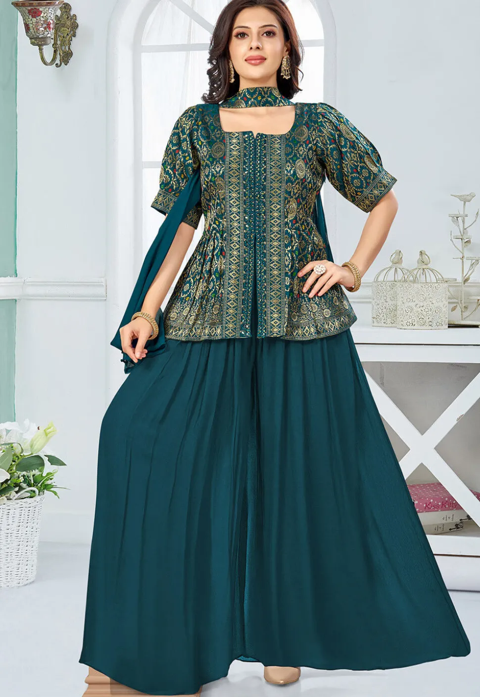 Embroidered Art Silk Top Set in Teal Green