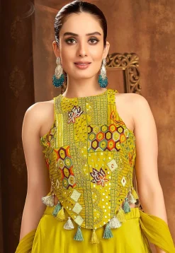 Embroidered Art Silk Top Set in Yellow