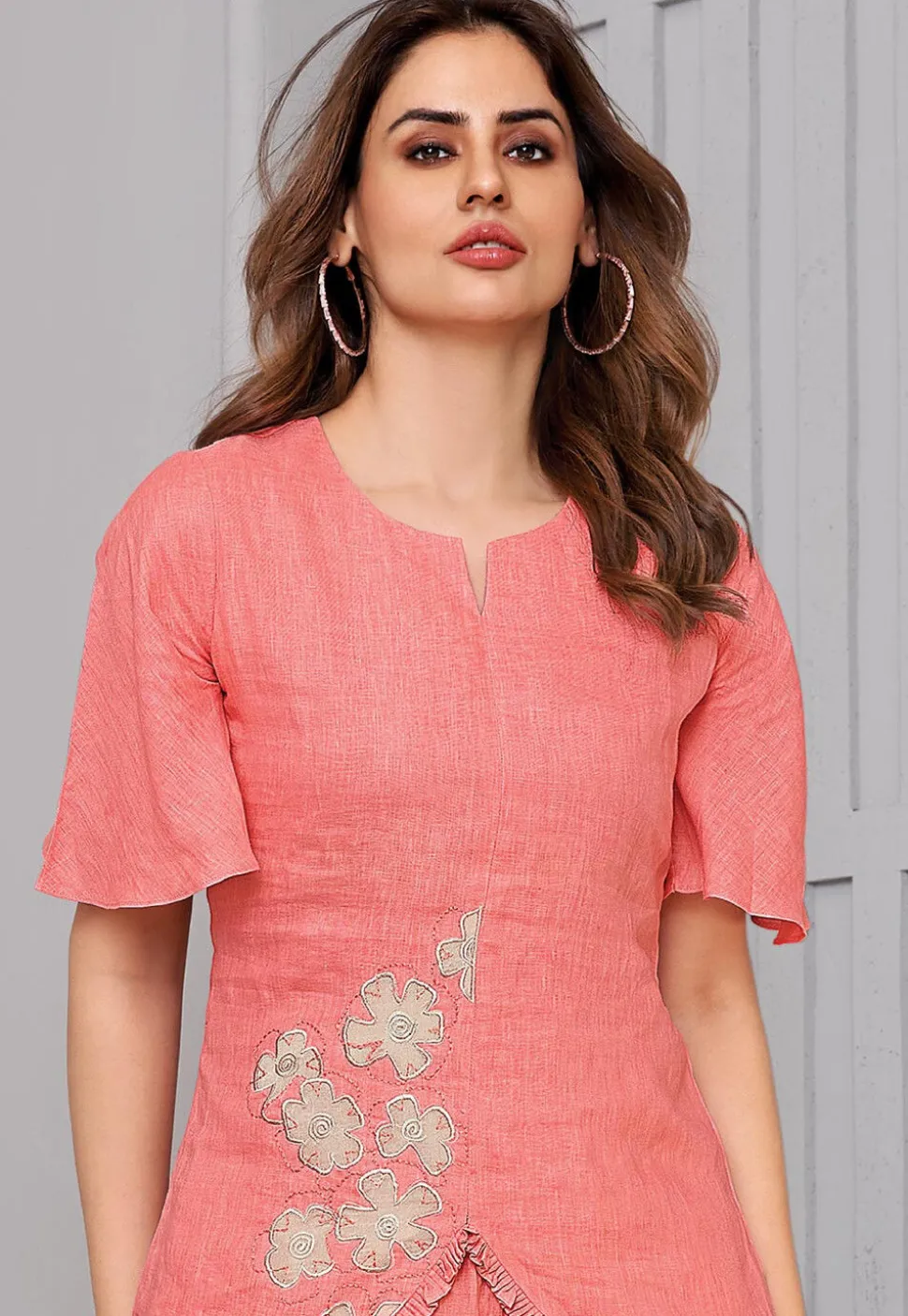 Embroidered Art Silk Top Set in Peach