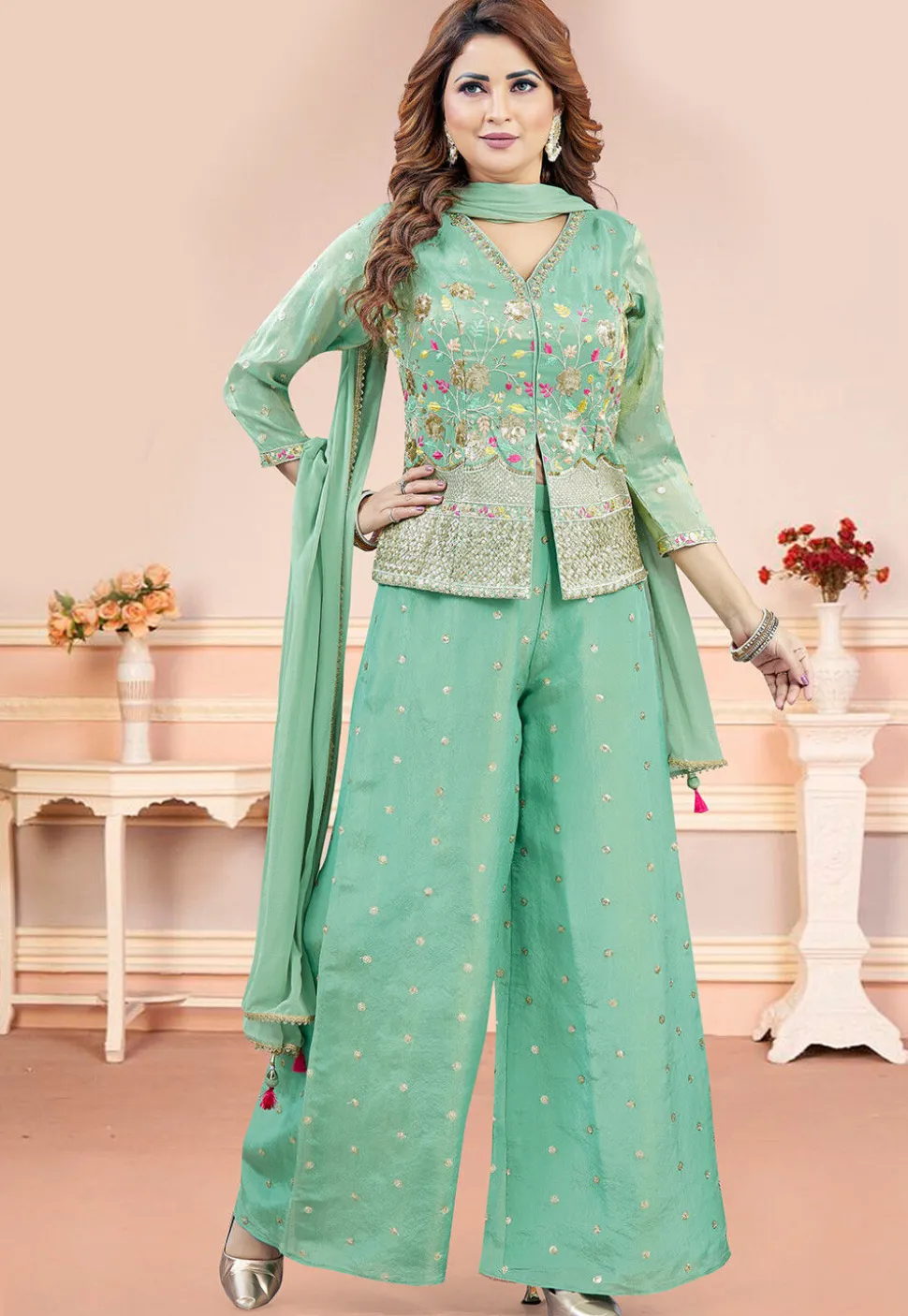 Embroidered Art Silk Top Set in Sea Green