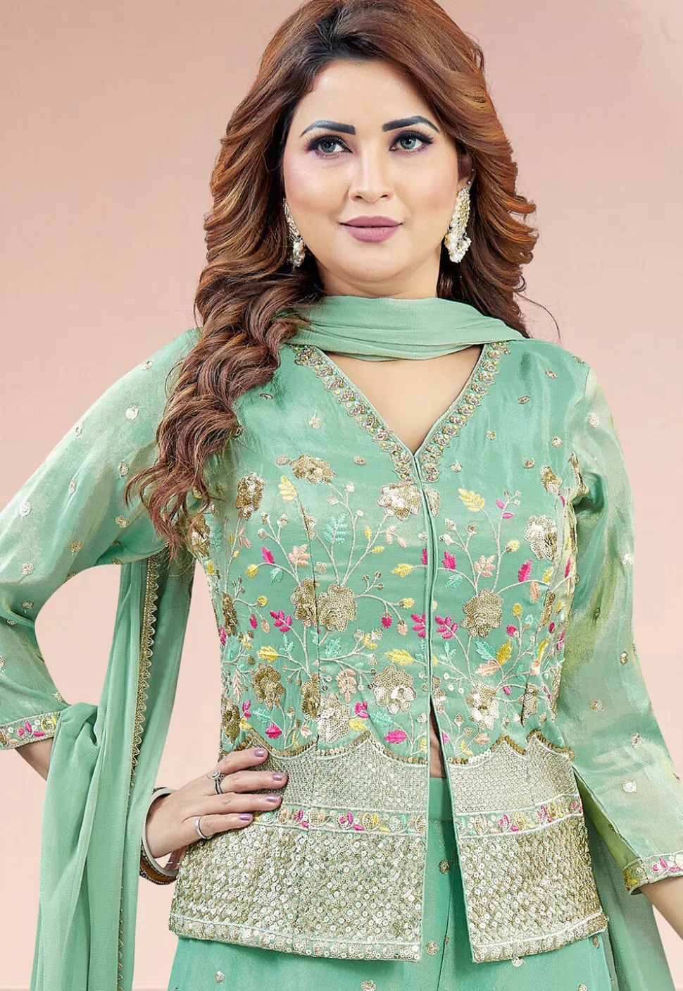 Embroidered Art Silk Top Set in Sea Green