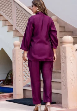 Embroidered Art Silk Top Set in Purple