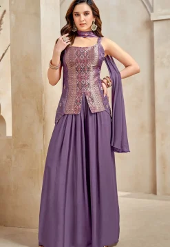Embroidered Art Silk Top Set in Purple