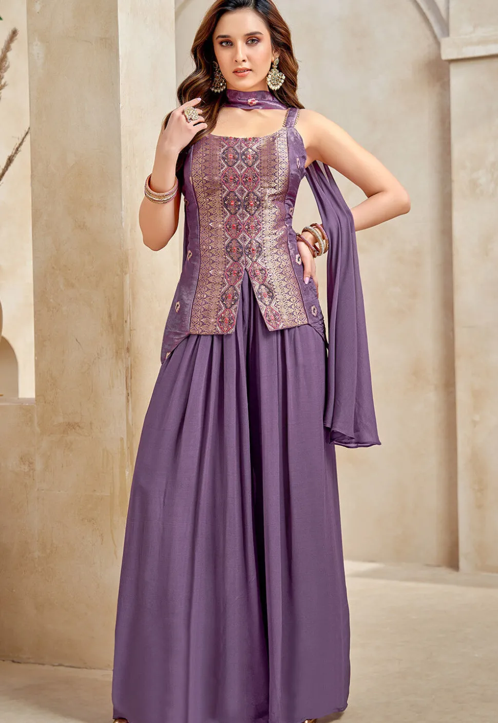 Embroidered Art Silk Top Set in Purple
