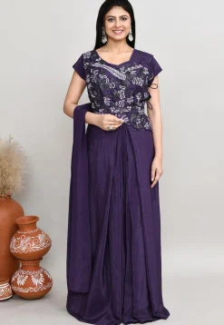 Embroidered Art Silk Top Set in Dark Purple