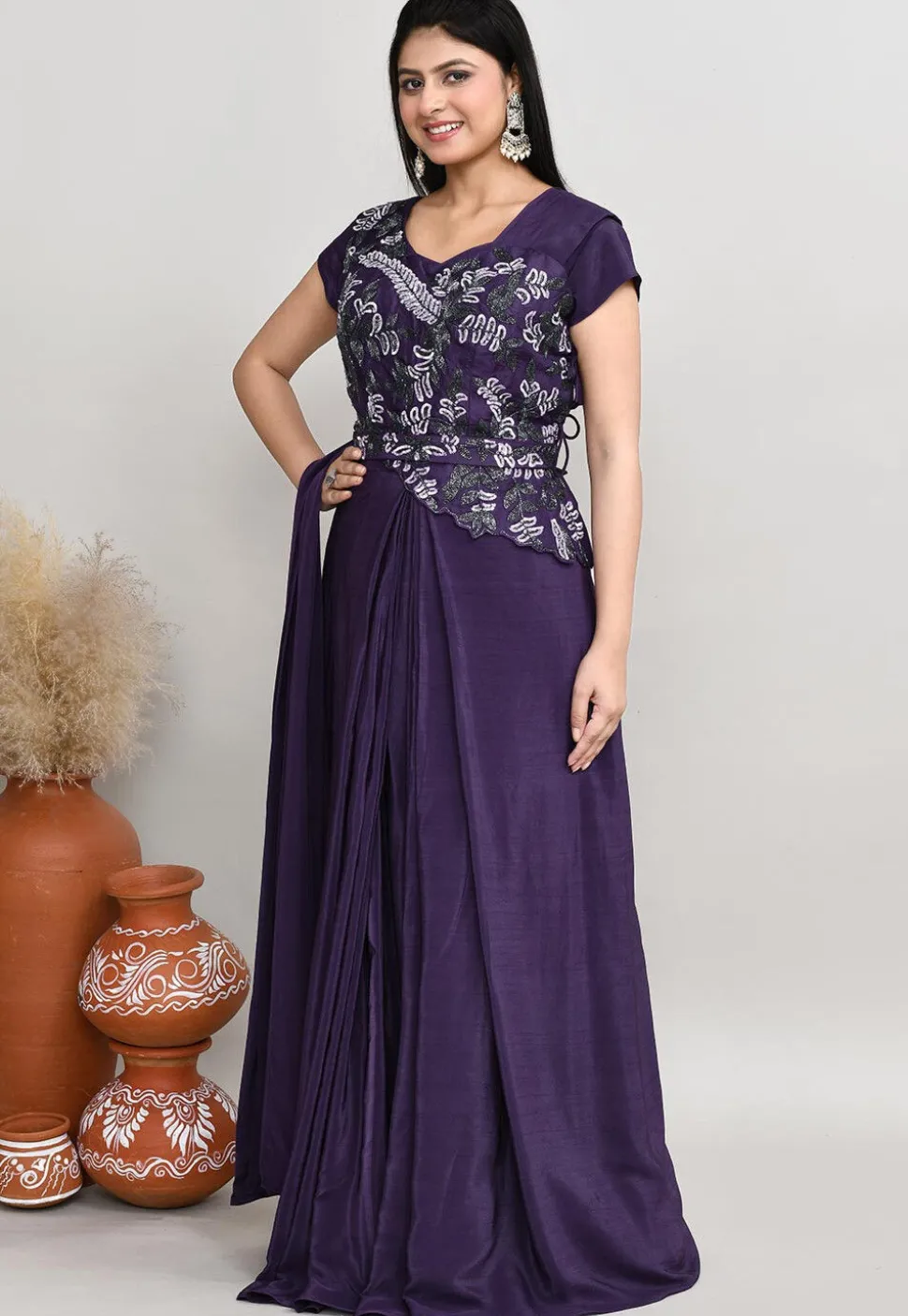 Embroidered Art Silk Top Set in Dark Purple
