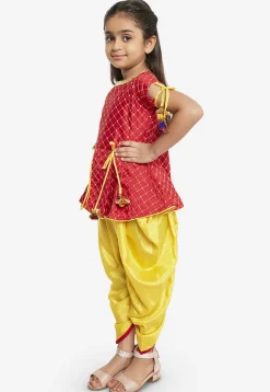 Embroidered Art Silk Top N Dhoti Pant in Red and Yellow
