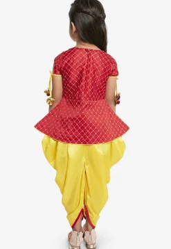 Embroidered Art Silk Top N Dhoti Pant in Red and Yellow