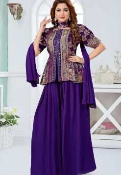 Embroidered Art Silk Top Set in Purple
