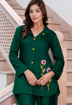 Embroidered Art Silk Top Set in Dark Green