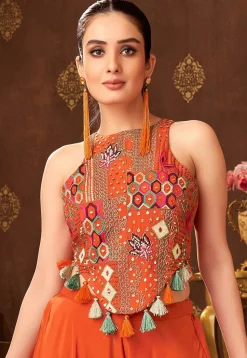 Embroidered Art Silk Top Set in Orange