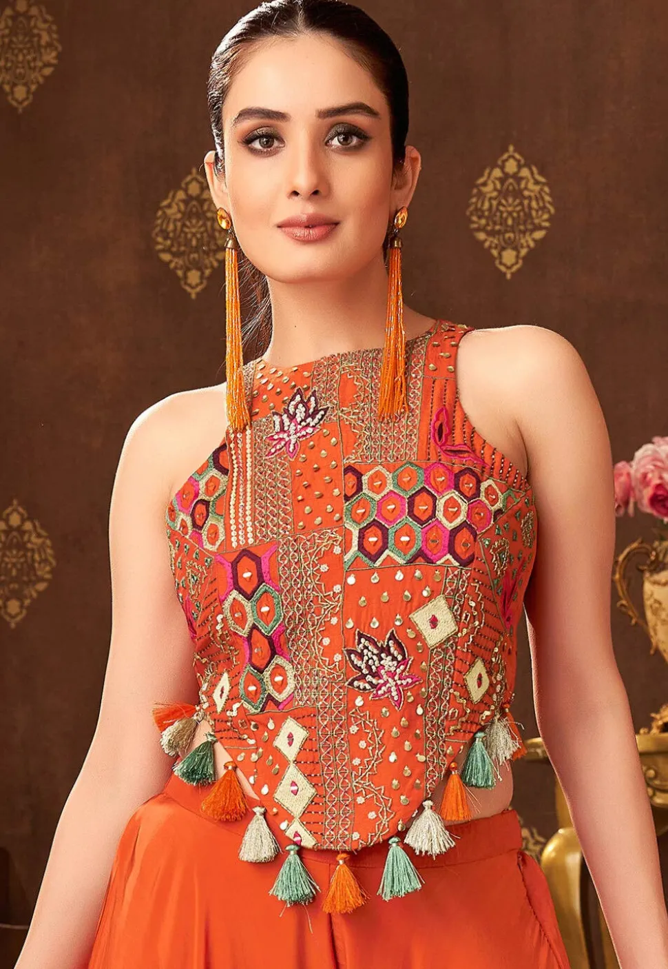 Embroidered Art Silk Top Set in Orange