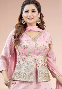 Embroidered Art Silk Top Set in Pink