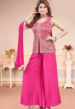 Embroidered Art Silk Top Set in Fuchsia