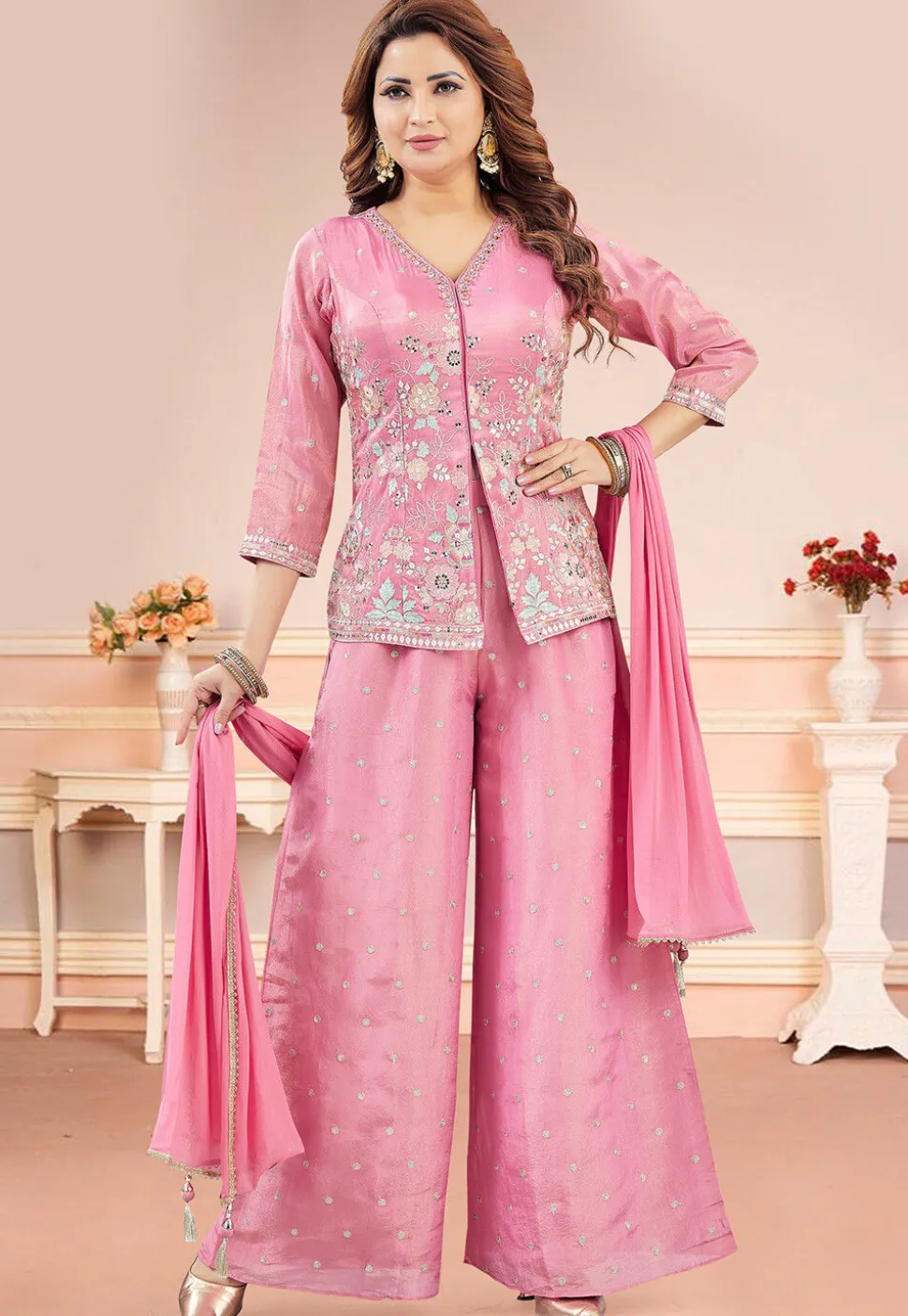 Embroidered Art Silk Top Set in Pink