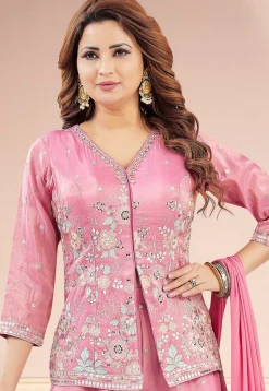 Embroidered Art Silk Top Set in Pink