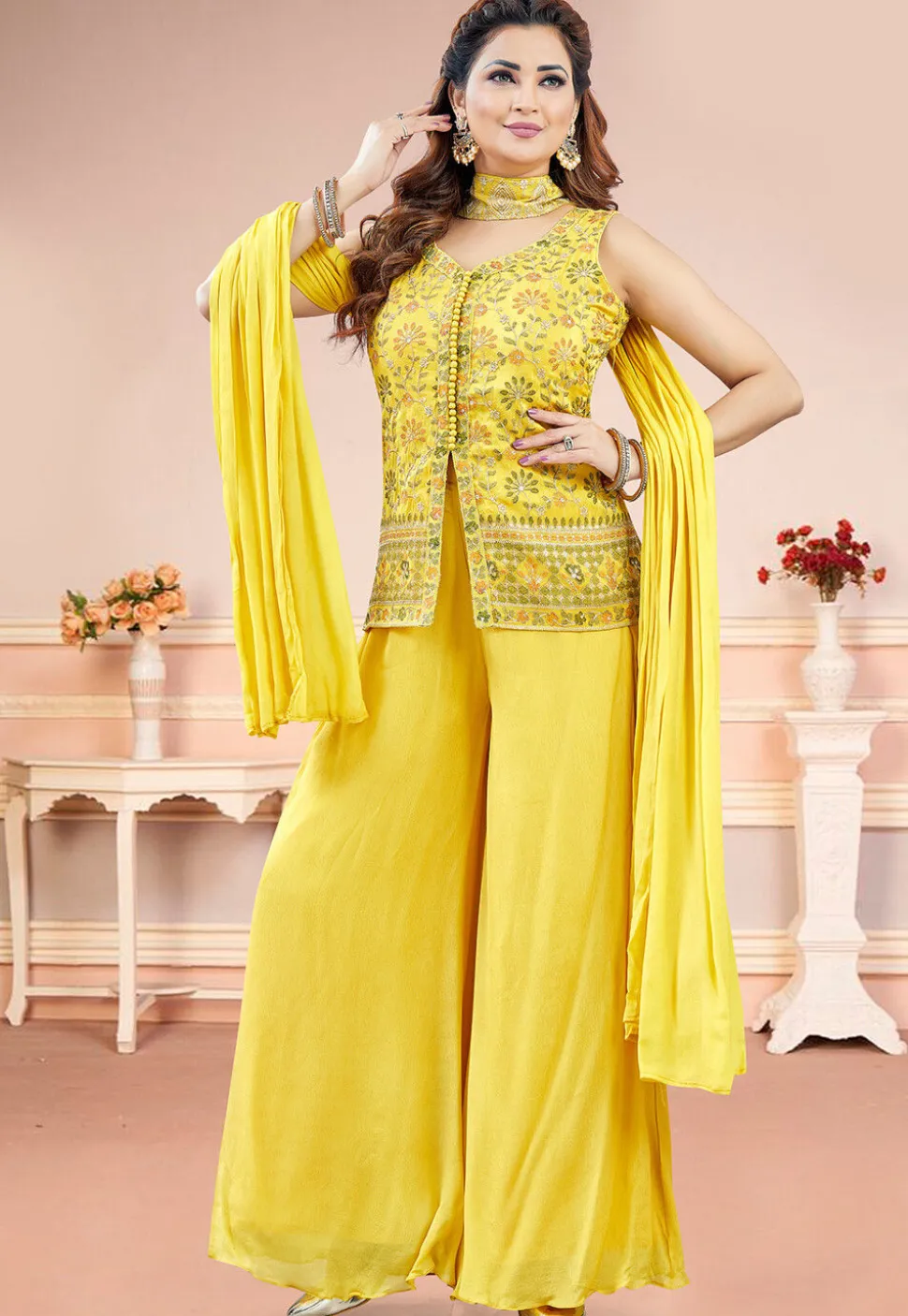 Embroidered Art Silk Top Set in Yellow