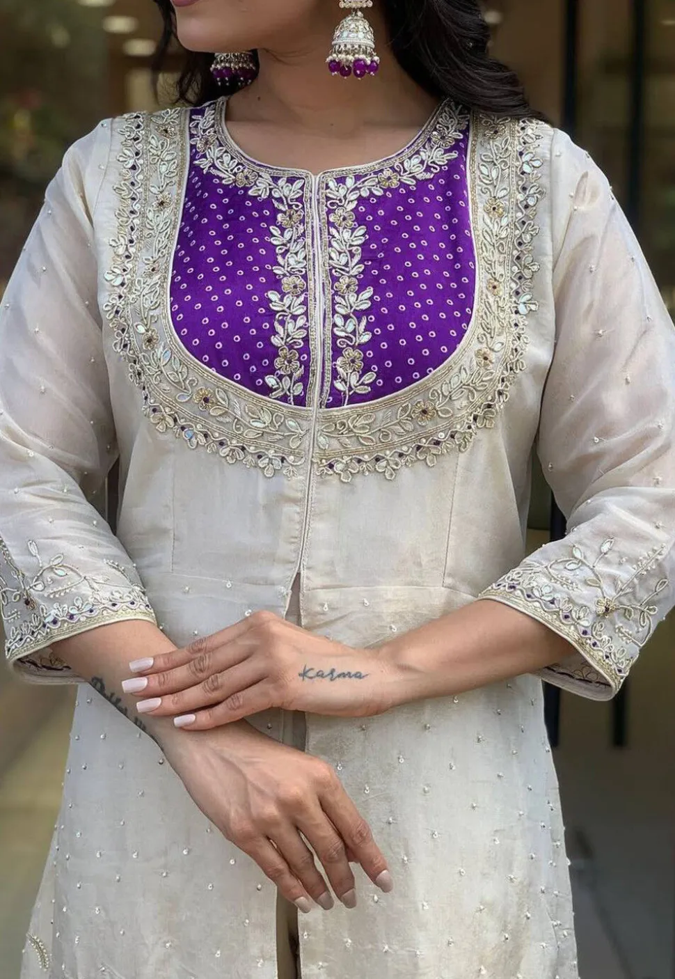 Embroidered Art Silk Tunic Set in Light Beige