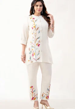 Embroidered Art Silk Tunic Set in Off White