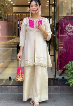 Embroidered Art Silk Tunic Set in Light Beige