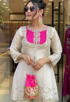 Embroidered Art Silk Tunic Set in Light Beige