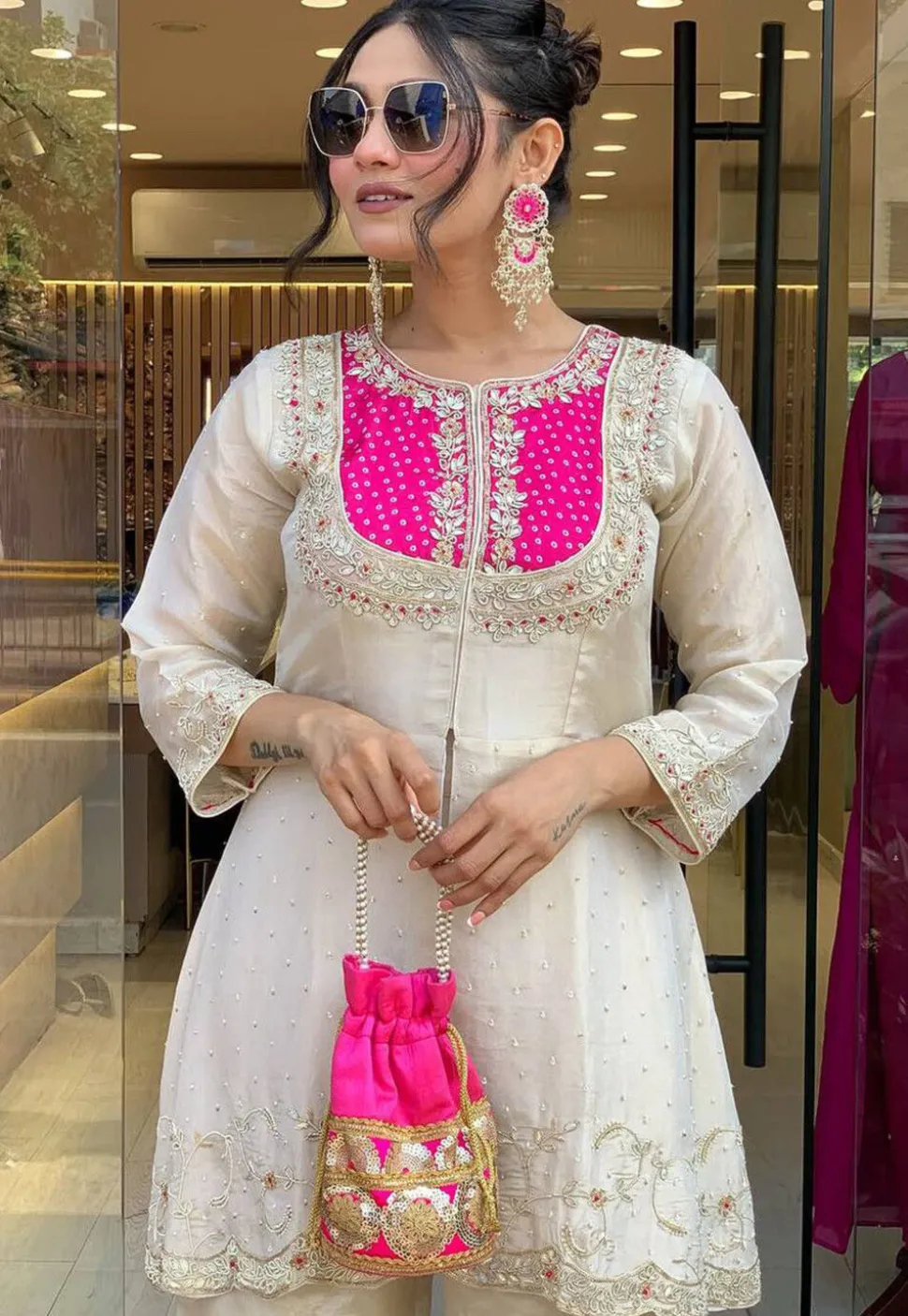 Embroidered Art Silk Tunic Set in Light Beige