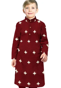 Embroidered Art Taffeta Silk Kurta in Maroon